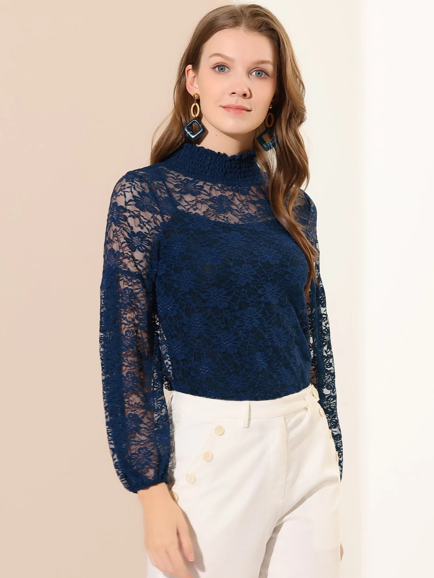 Floral Lace Top Turtleneck Puff Long Sleeve See Through Sheer Blouse