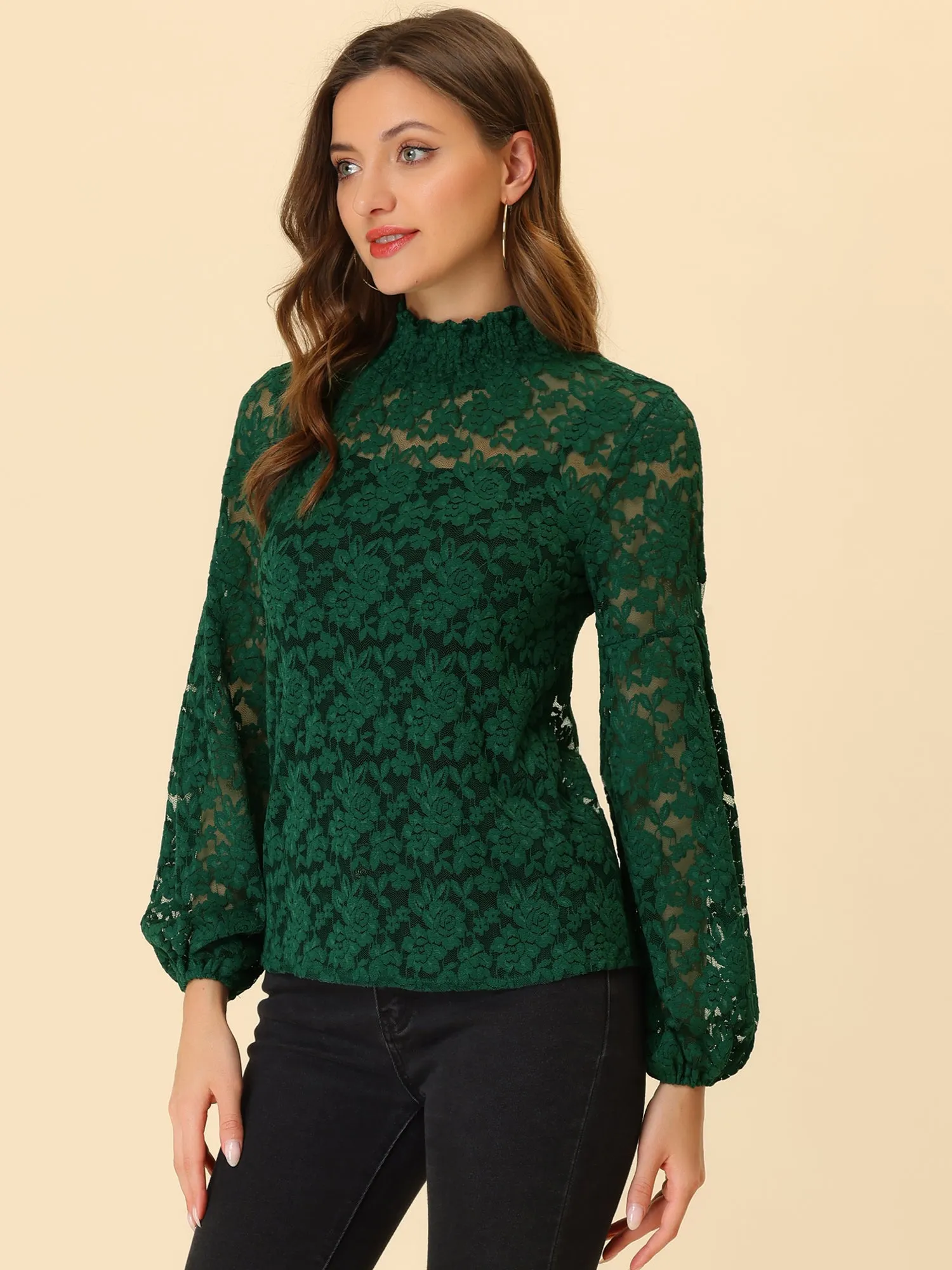 Floral Lace Top Turtleneck Puff Long Sleeve See Through Sheer Blouse