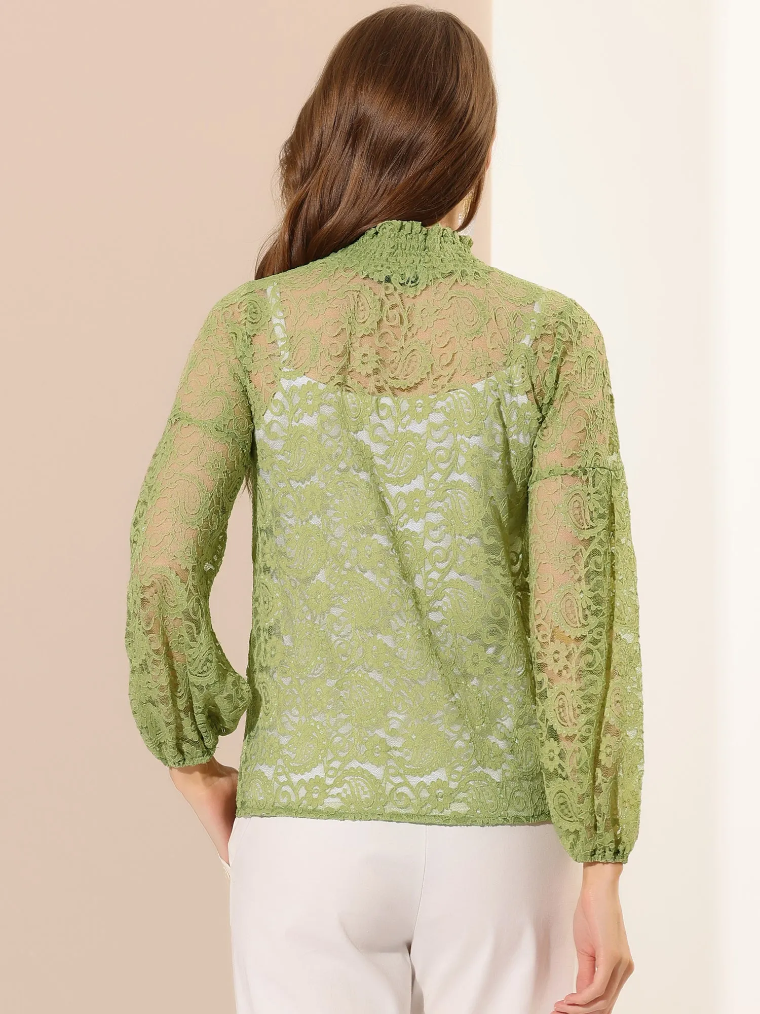 Floral Lace Top Turtleneck Puff Long Sleeve See Through Sheer Blouse