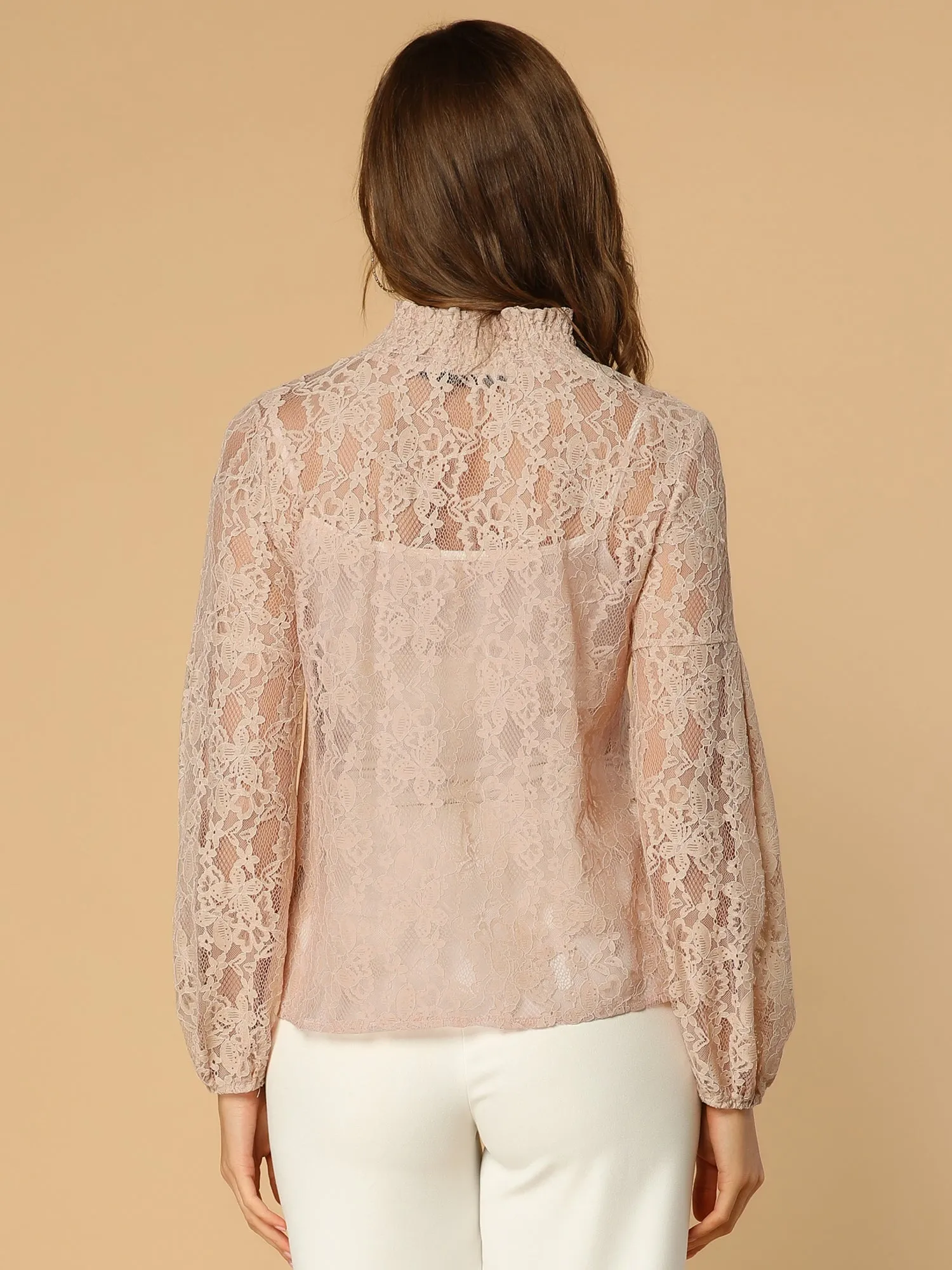 Floral Lace Top Turtleneck Puff Long Sleeve See Through Sheer Blouse