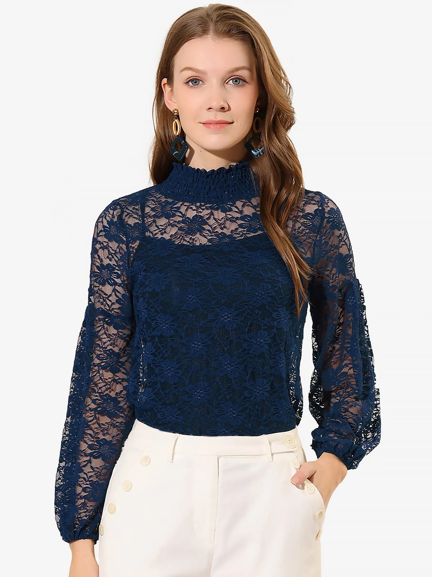 Floral Lace Top Turtleneck Puff Long Sleeve See Through Sheer Blouse