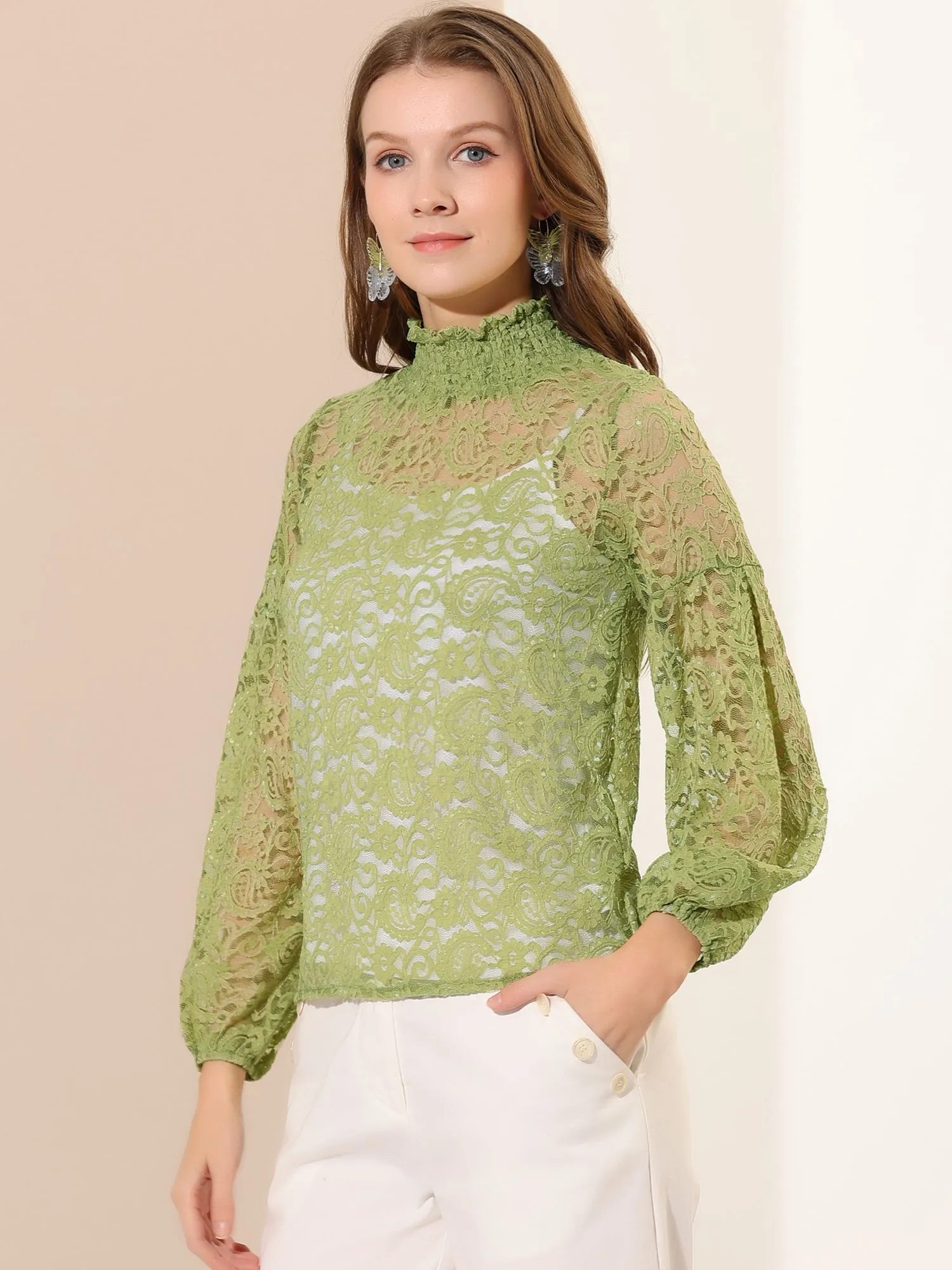 Floral Lace Top Turtleneck Puff Long Sleeve See Through Sheer Blouse