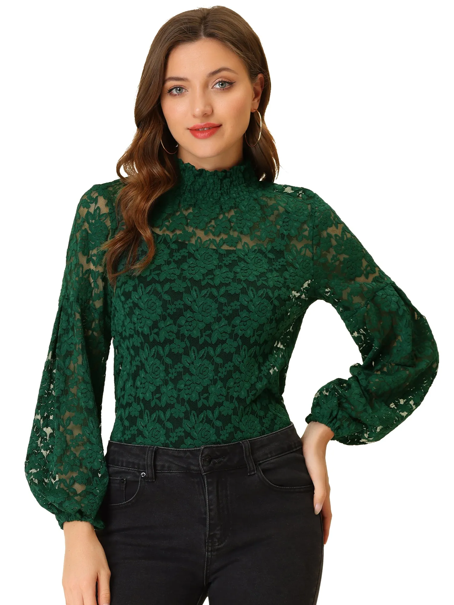 Floral Lace Top Turtleneck Puff Long Sleeve See Through Sheer Blouse