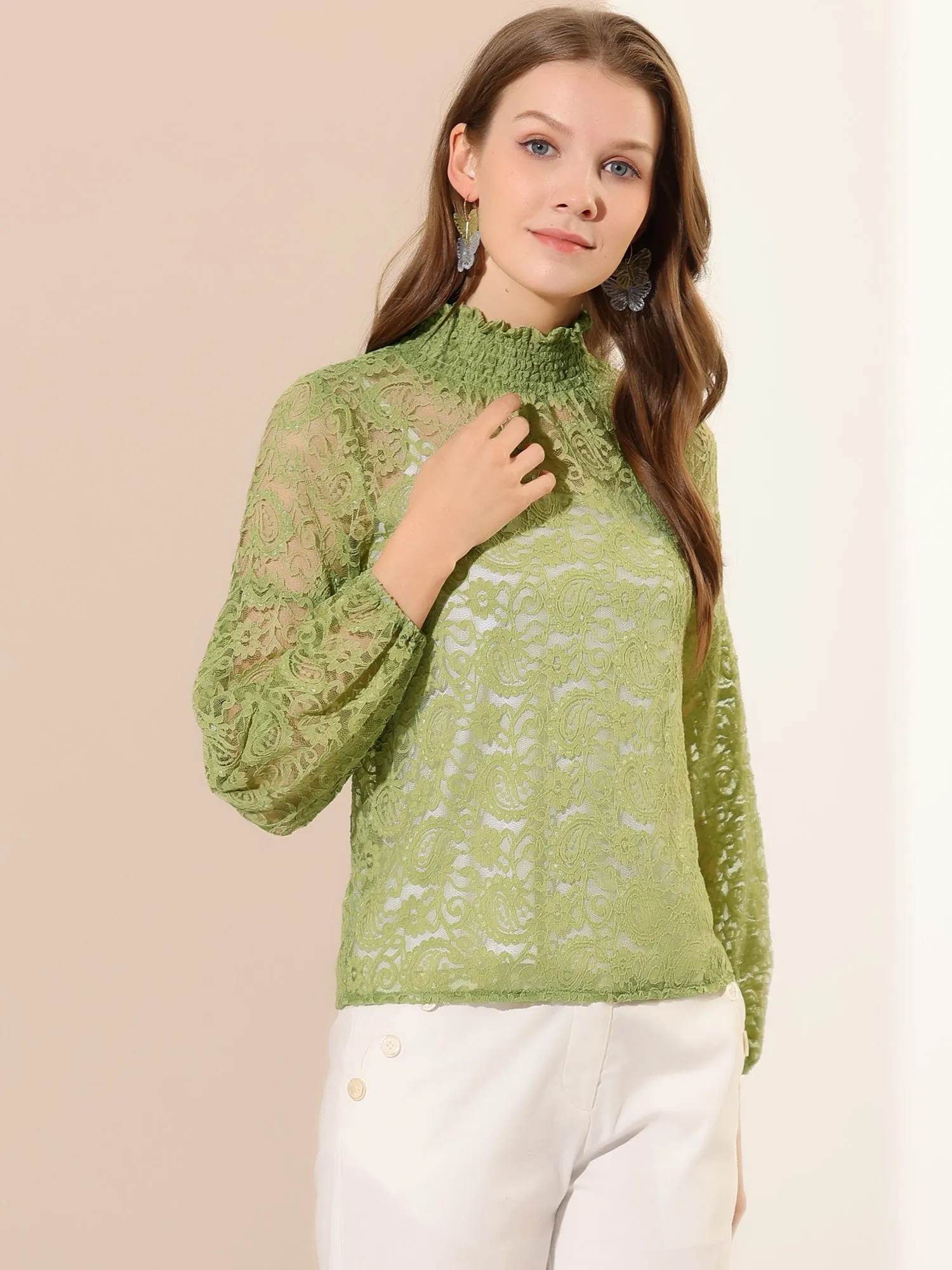 Floral Lace Top Turtleneck Puff Long Sleeve See Through Sheer Blouse