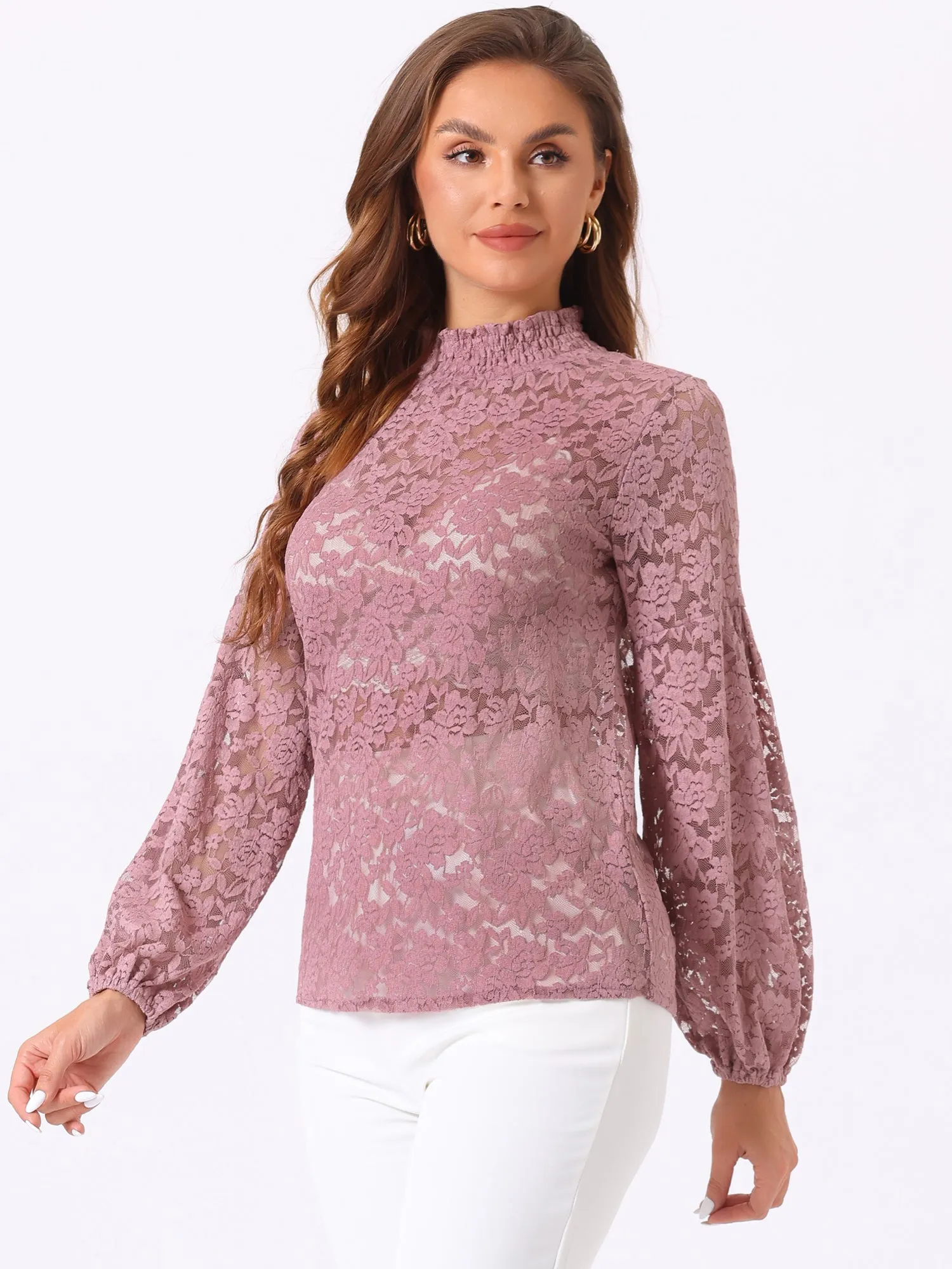 Floral Lace Top Turtleneck Puff Long Sleeve See Through Sheer Blouse