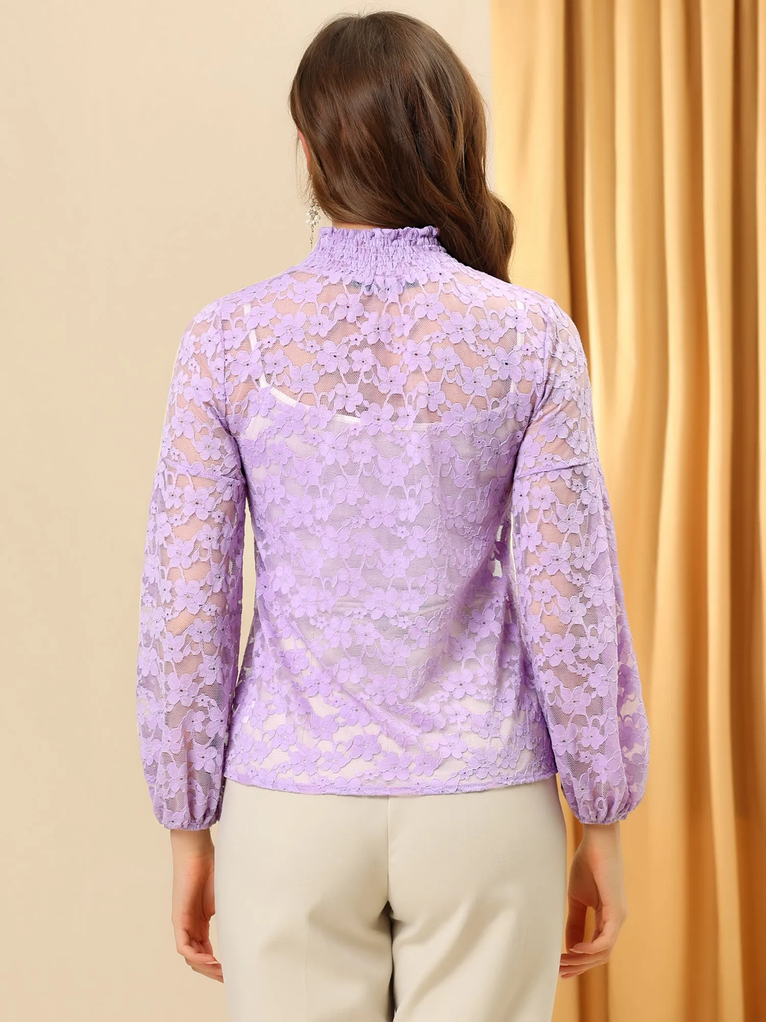 Floral Lace Top Turtleneck Puff Long Sleeve See Through Sheer Blouse