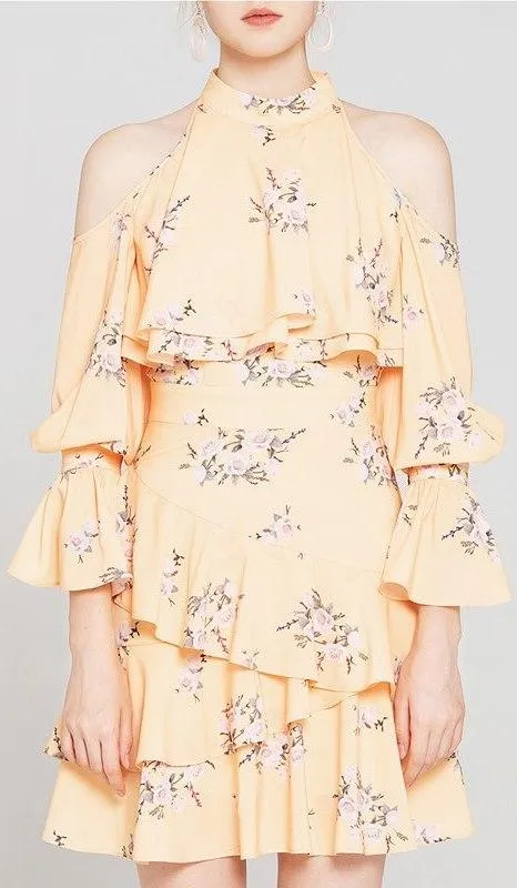 Floral-Print Cold Shoulder Ruffle Mini Dress