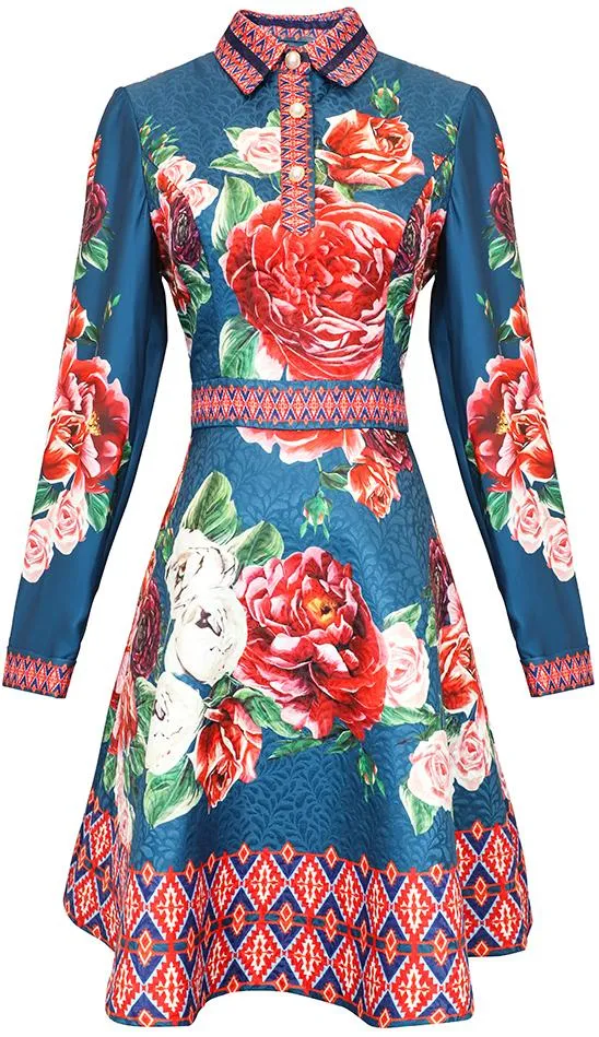 Floral Print Mini Polo-Dress, Blue