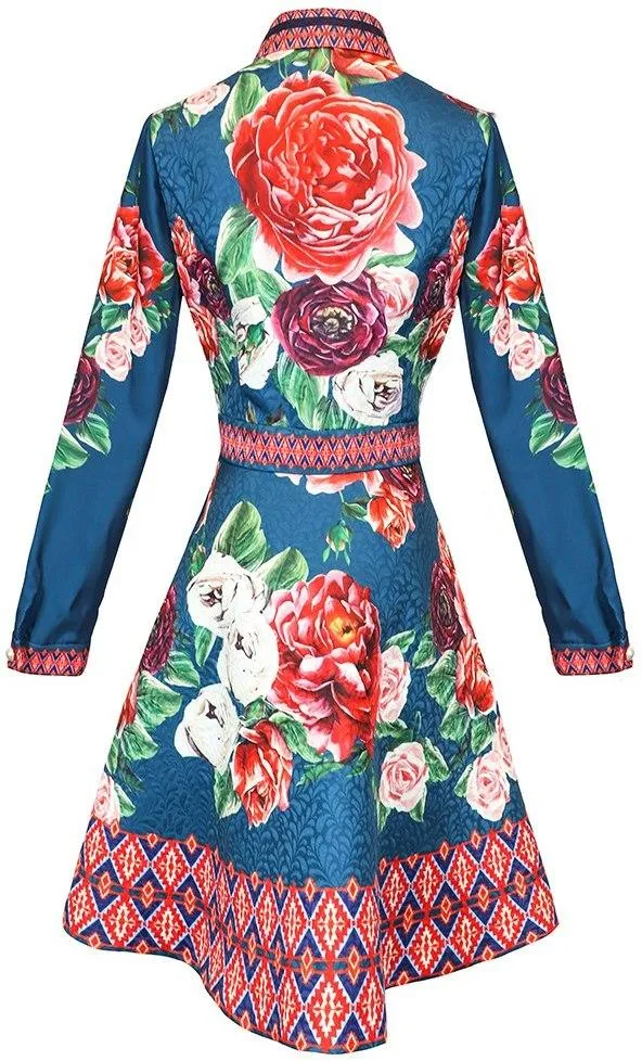 Floral Print Mini Polo-Dress, Blue