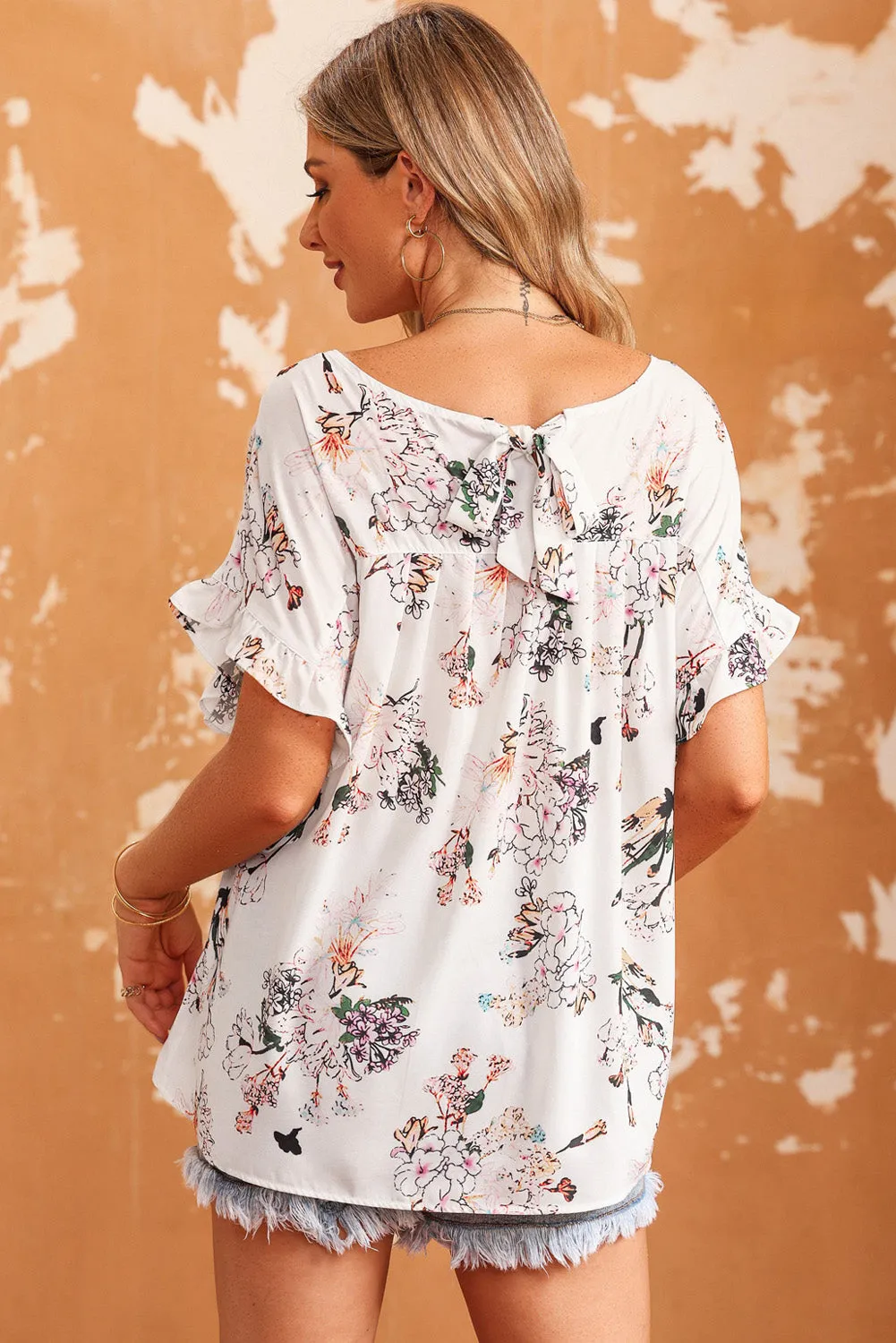 Floral Ruffled Back Knot Blouse