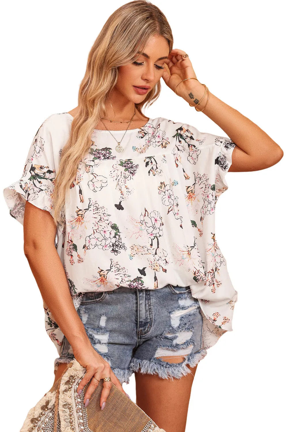 Floral Ruffled Back Knot Blouse