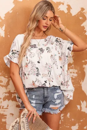 Floral Ruffled Back Knot Blouse