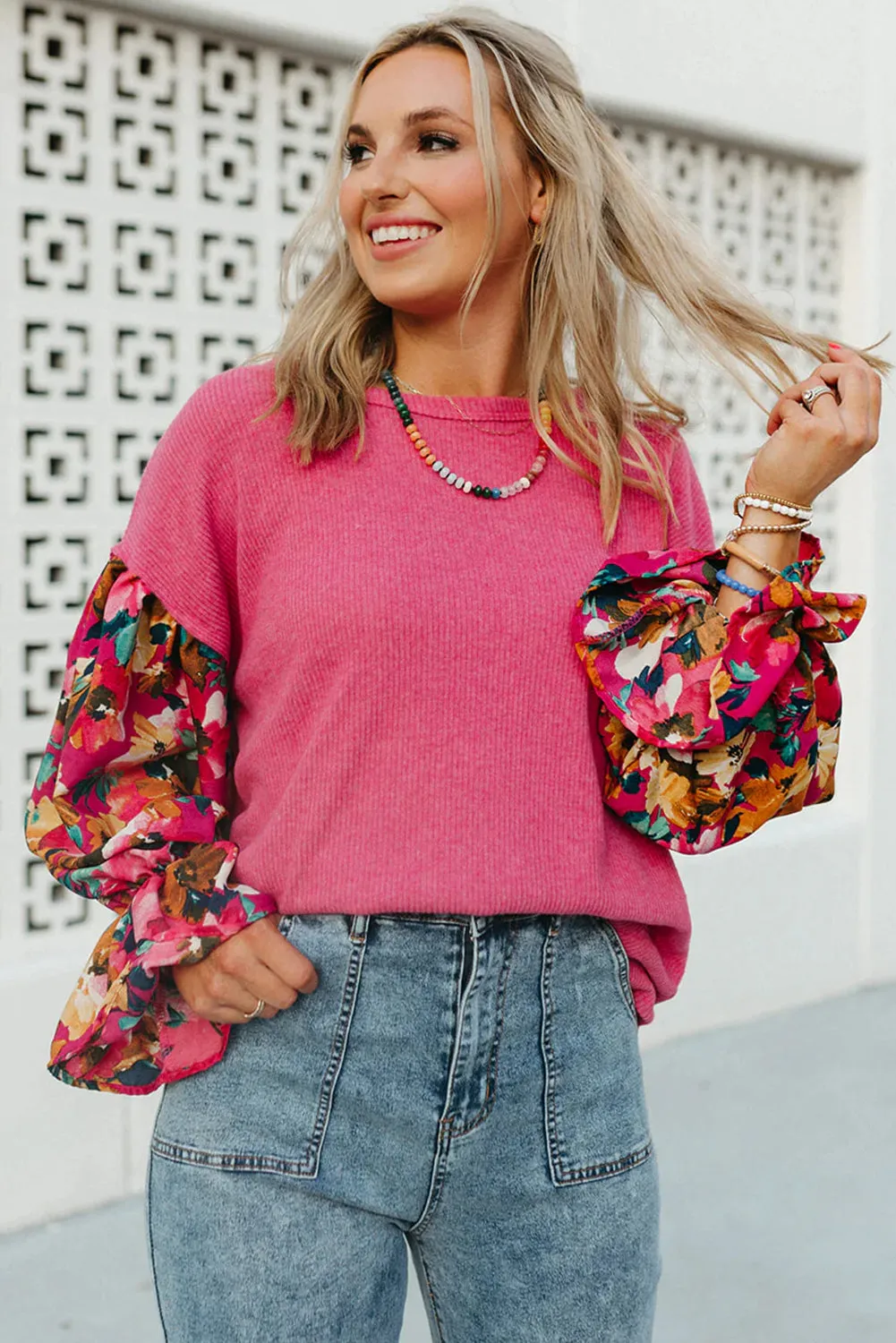 Flower Patchwork Ribbed Knit Top