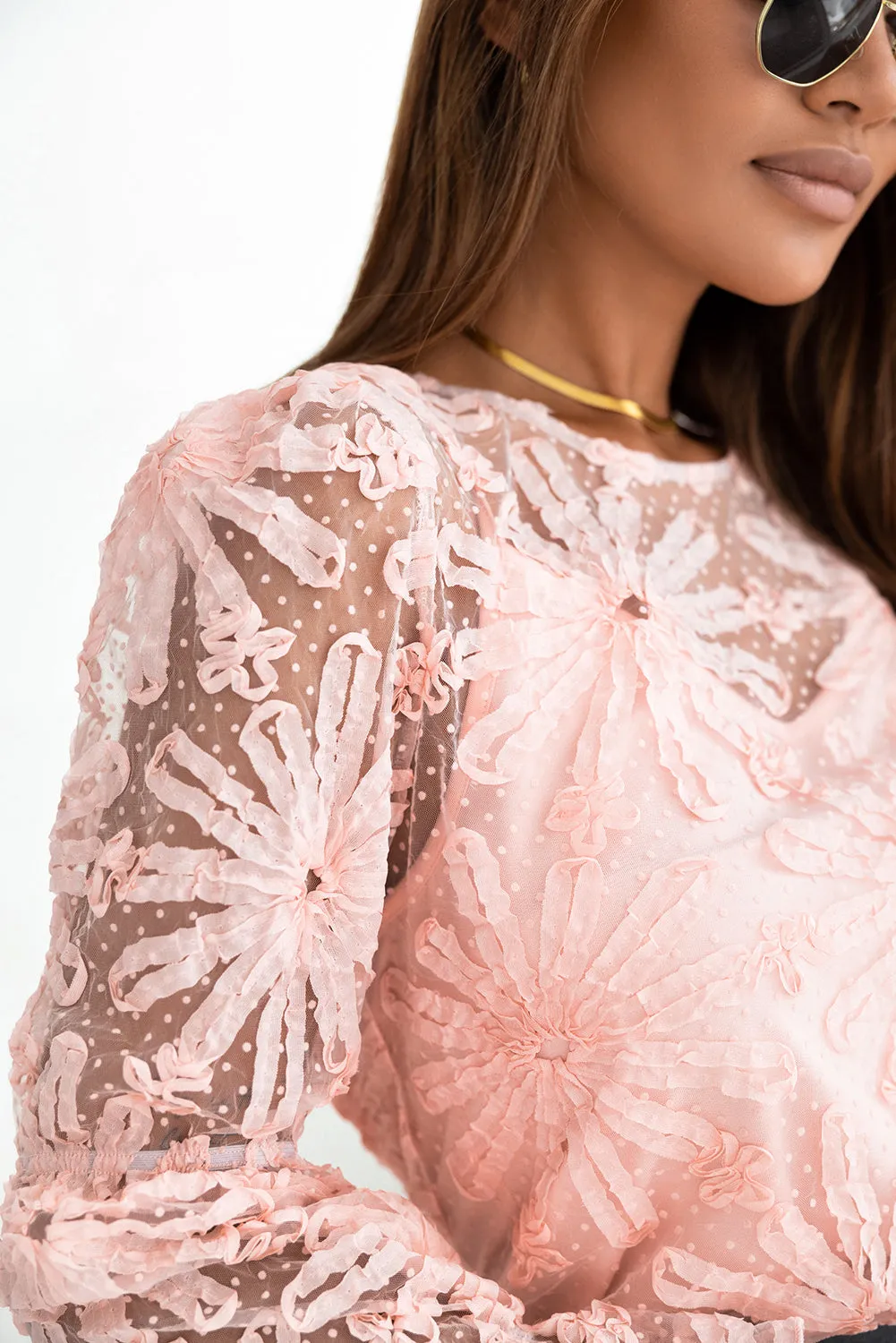 Flower Ruffled Sleeve Mesh Top