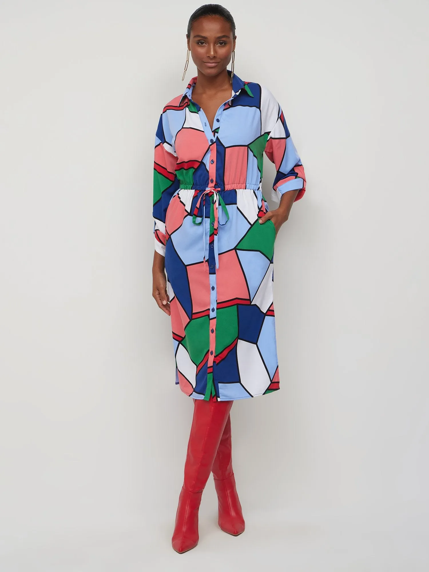 Geometric-Print Belted Shirtdress