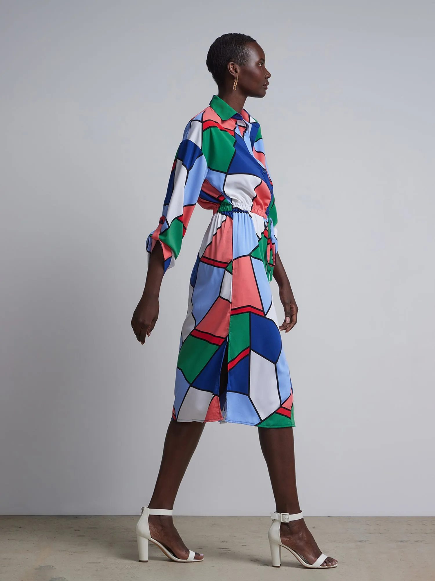 Geometric-Print Belted Shirtdress