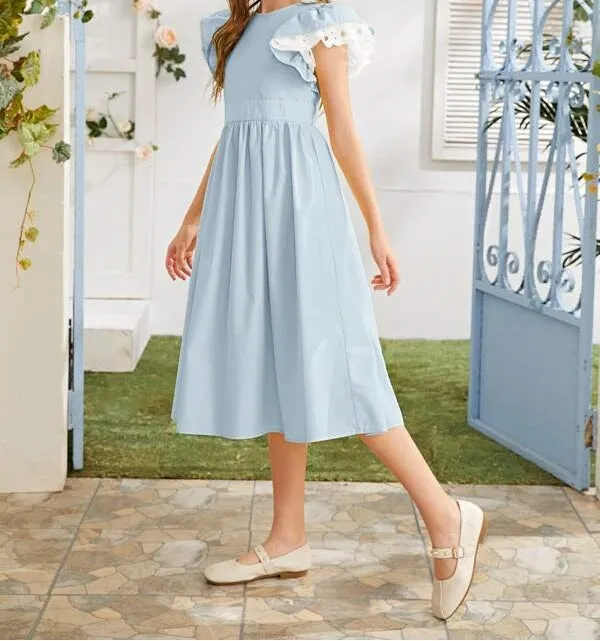 Girls Eyelet Embroidered Layered Ruffle Sleeve Dress