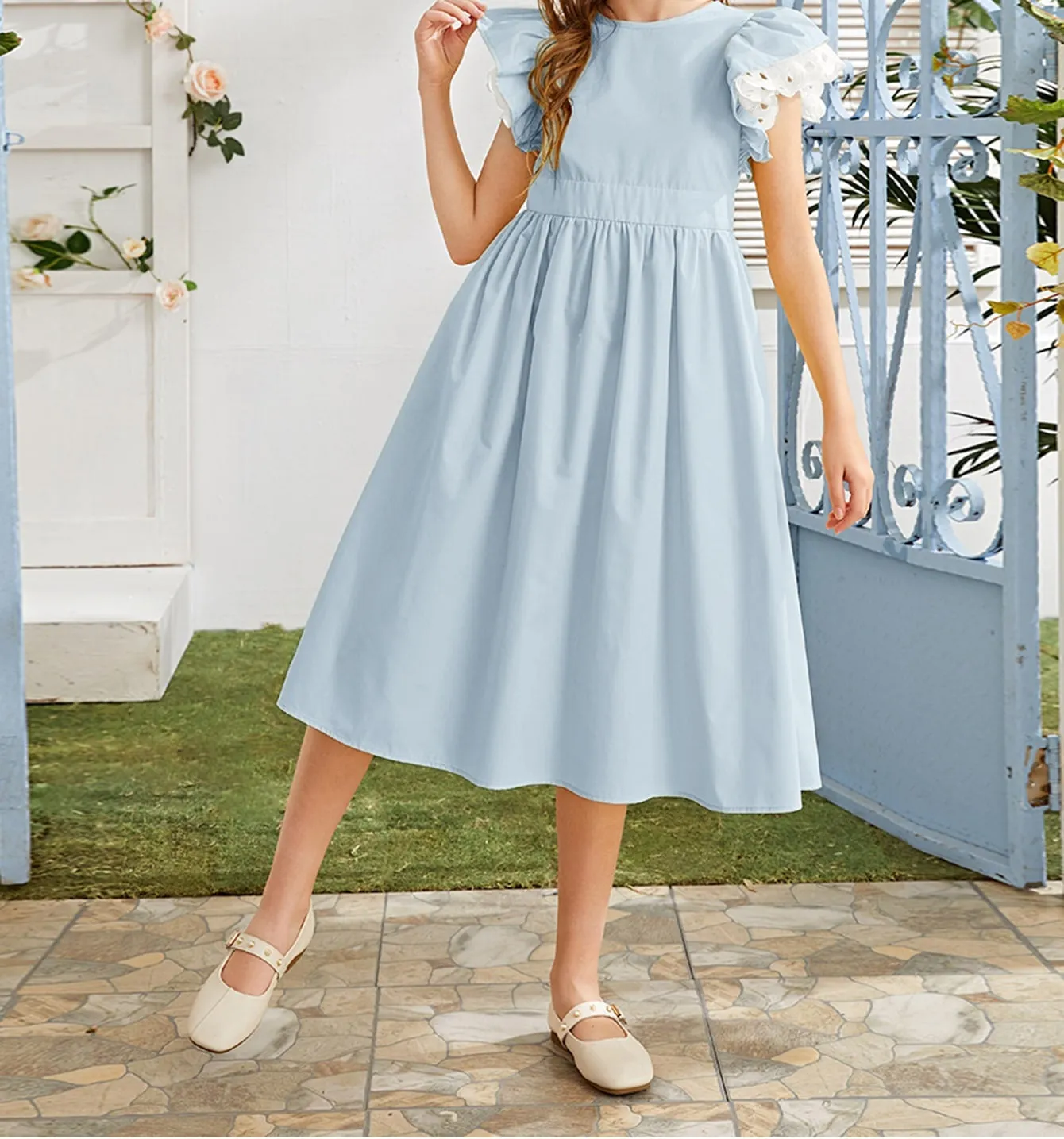 Girls Eyelet Embroidered Layered Ruffle Sleeve Dress