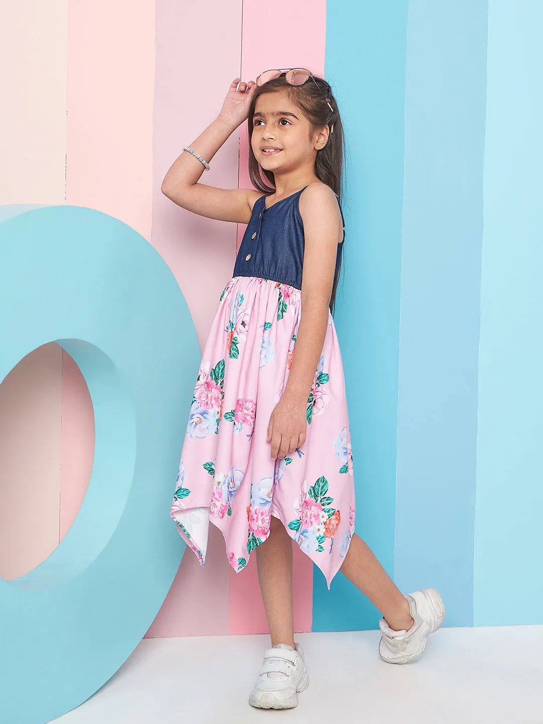 Girls Shoulder Straps Floral Print Denim A-Line Midi Dress - PS Peaches