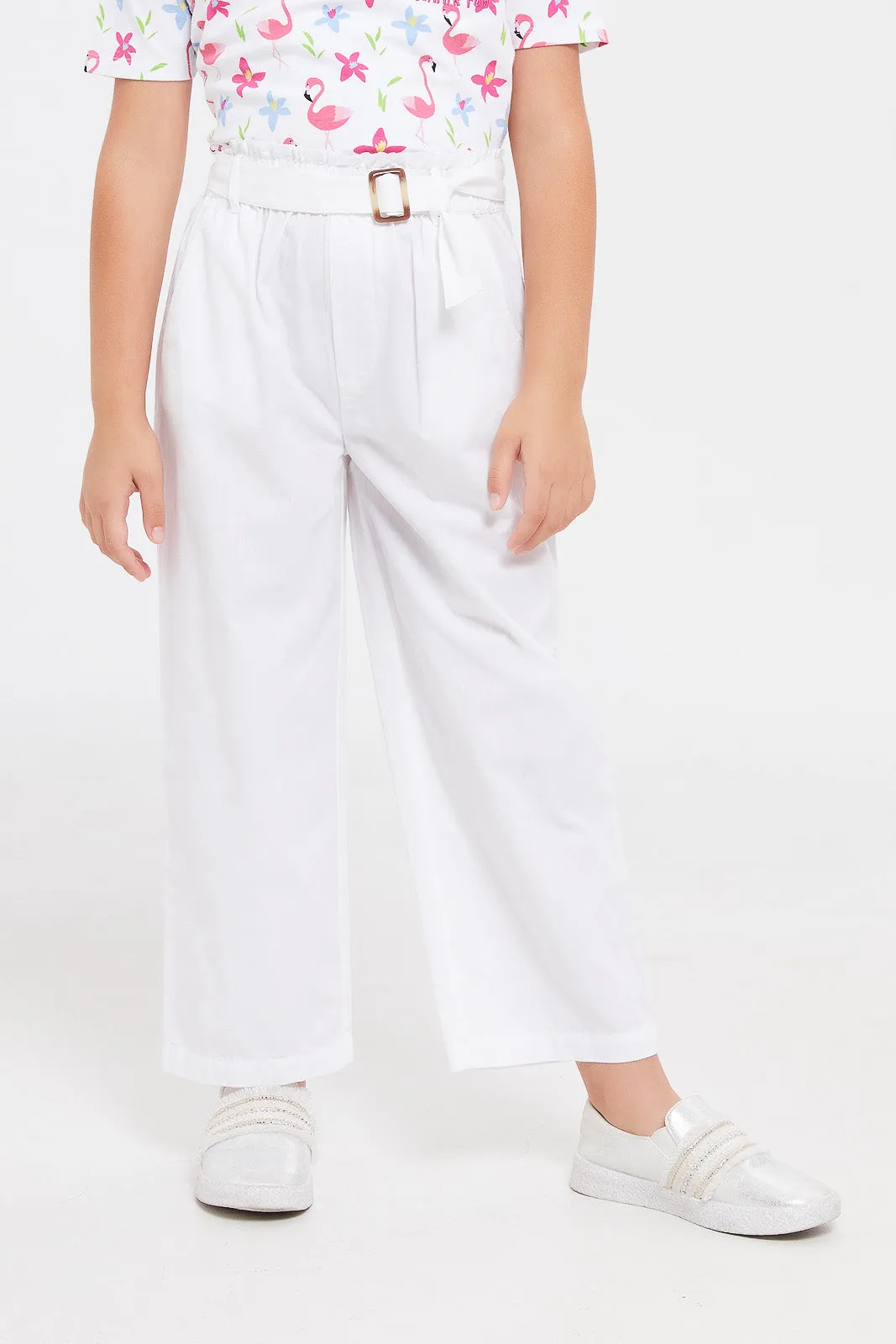 Girls White Woven Trouser With Belt