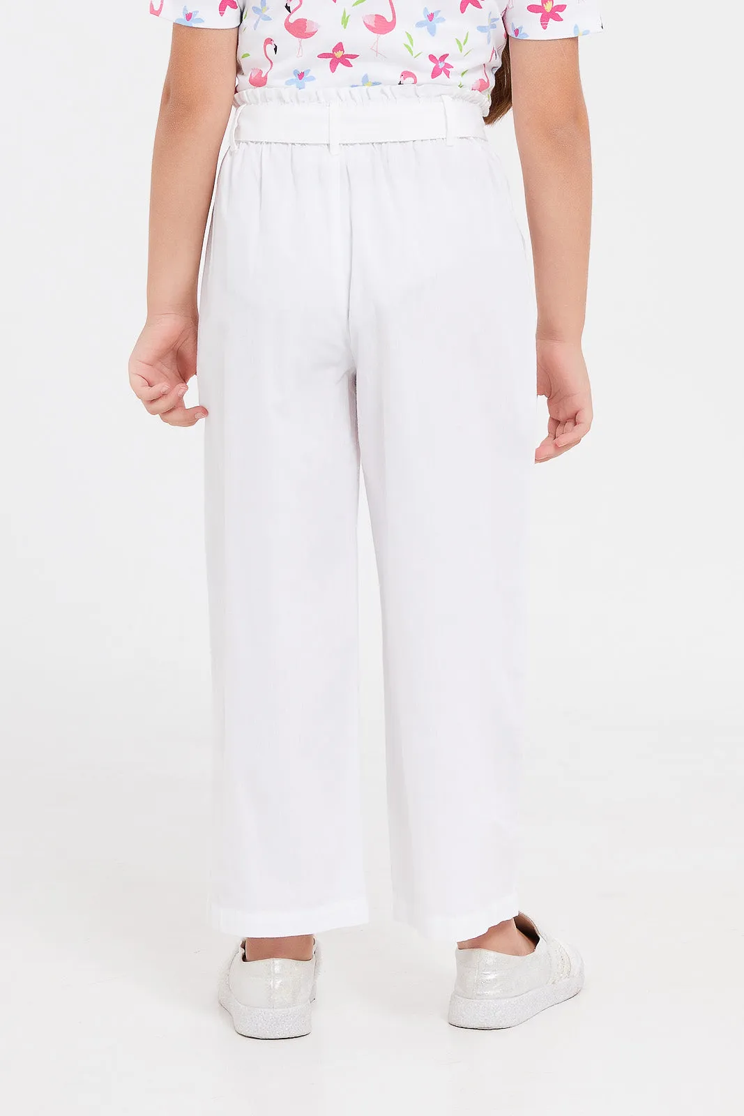 Girls White Woven Trouser With Belt