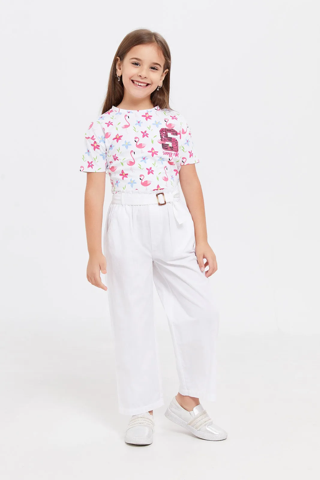 Girls White Woven Trouser With Belt