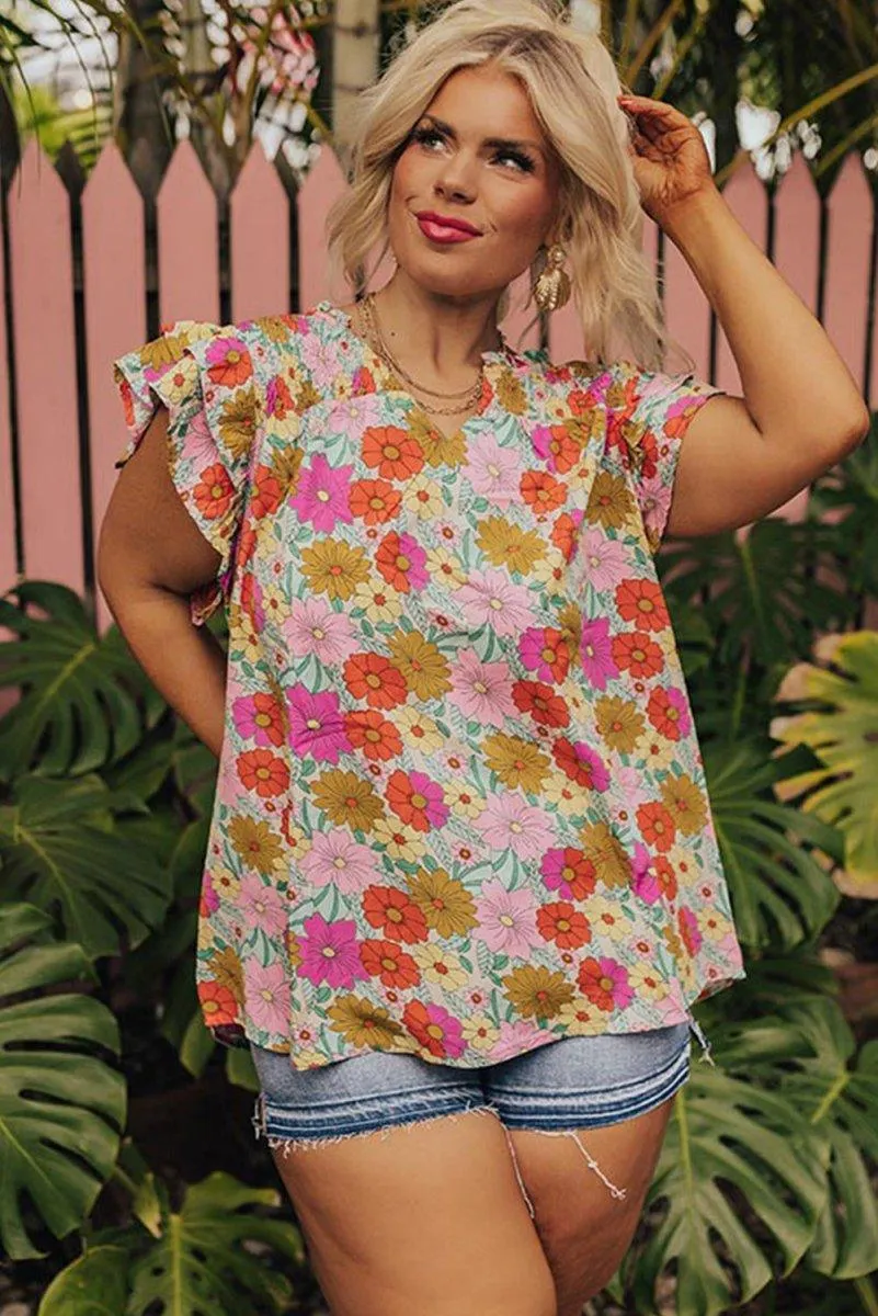 Jessica Pink Floral Multicolor Plus Size Ruffle Sleeve Blouse