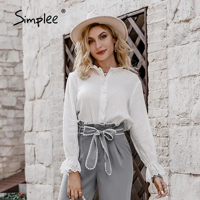 Joskaa Autumn Cotton Solid Office Ladies Button Blouses Loose White Ruffle neck Women Tops Full Feet Sleeves Female Blouses