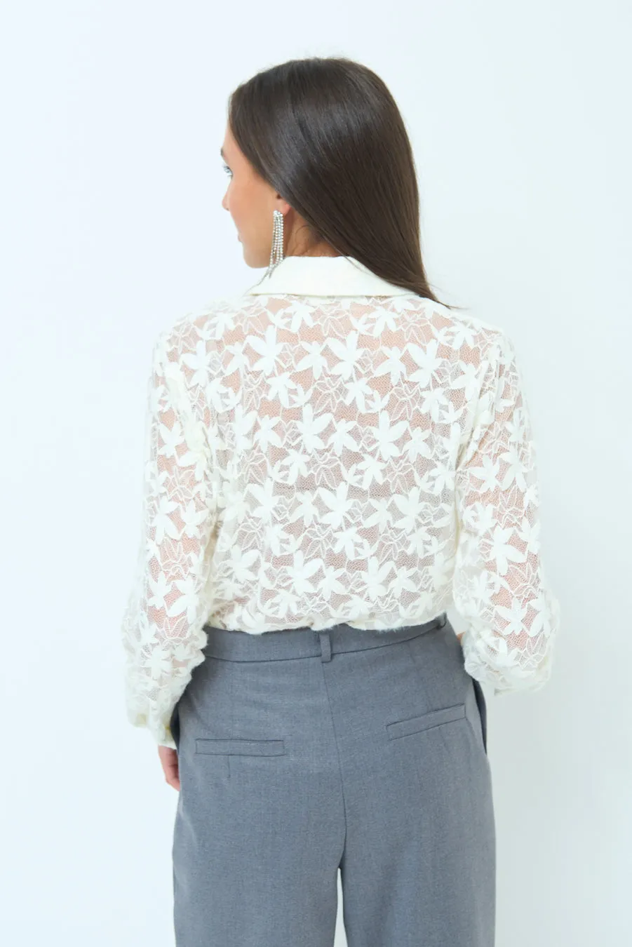 Lace button-up blouse with ruffle detailing wholesale