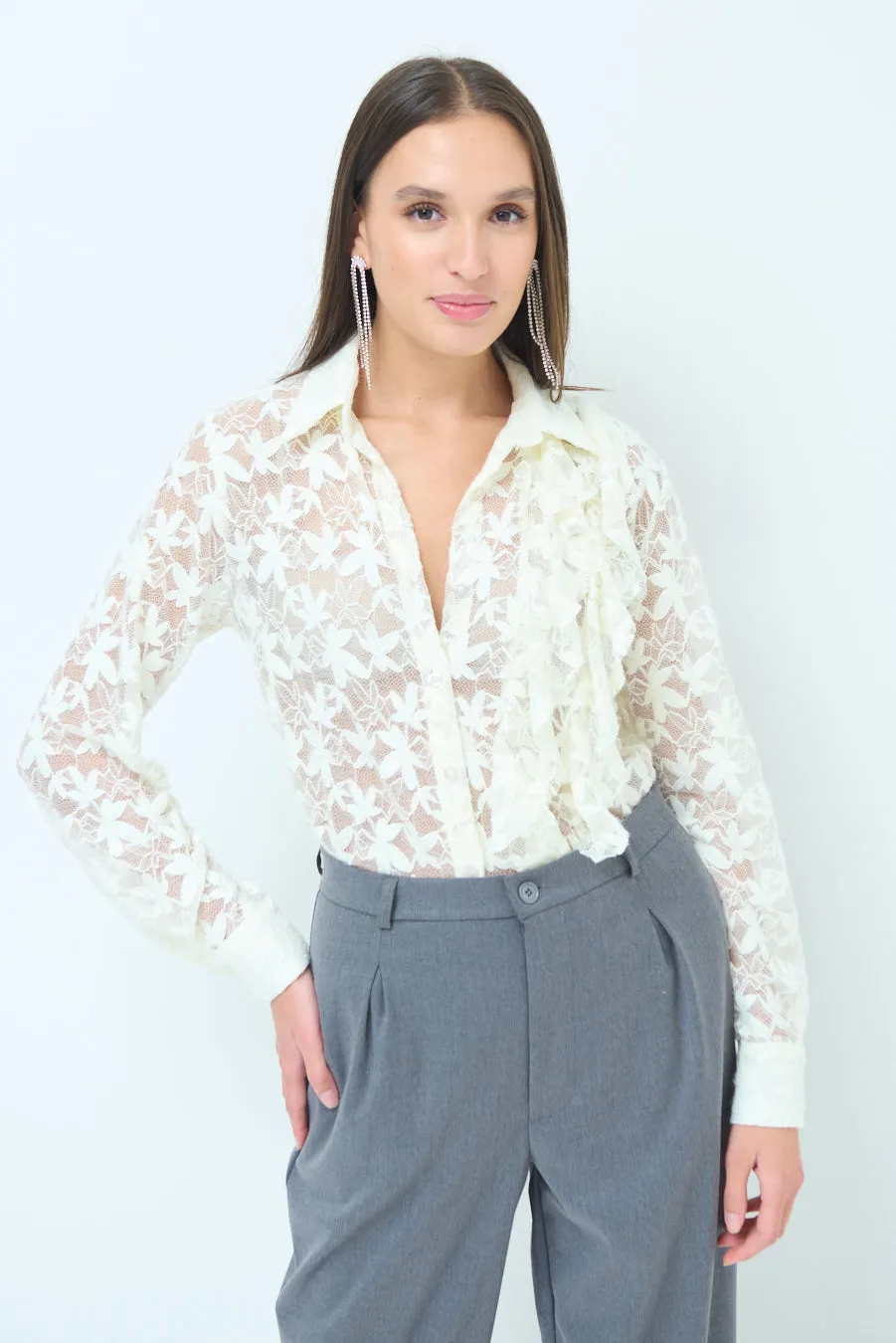 Lace button-up blouse with ruffle detailing wholesale