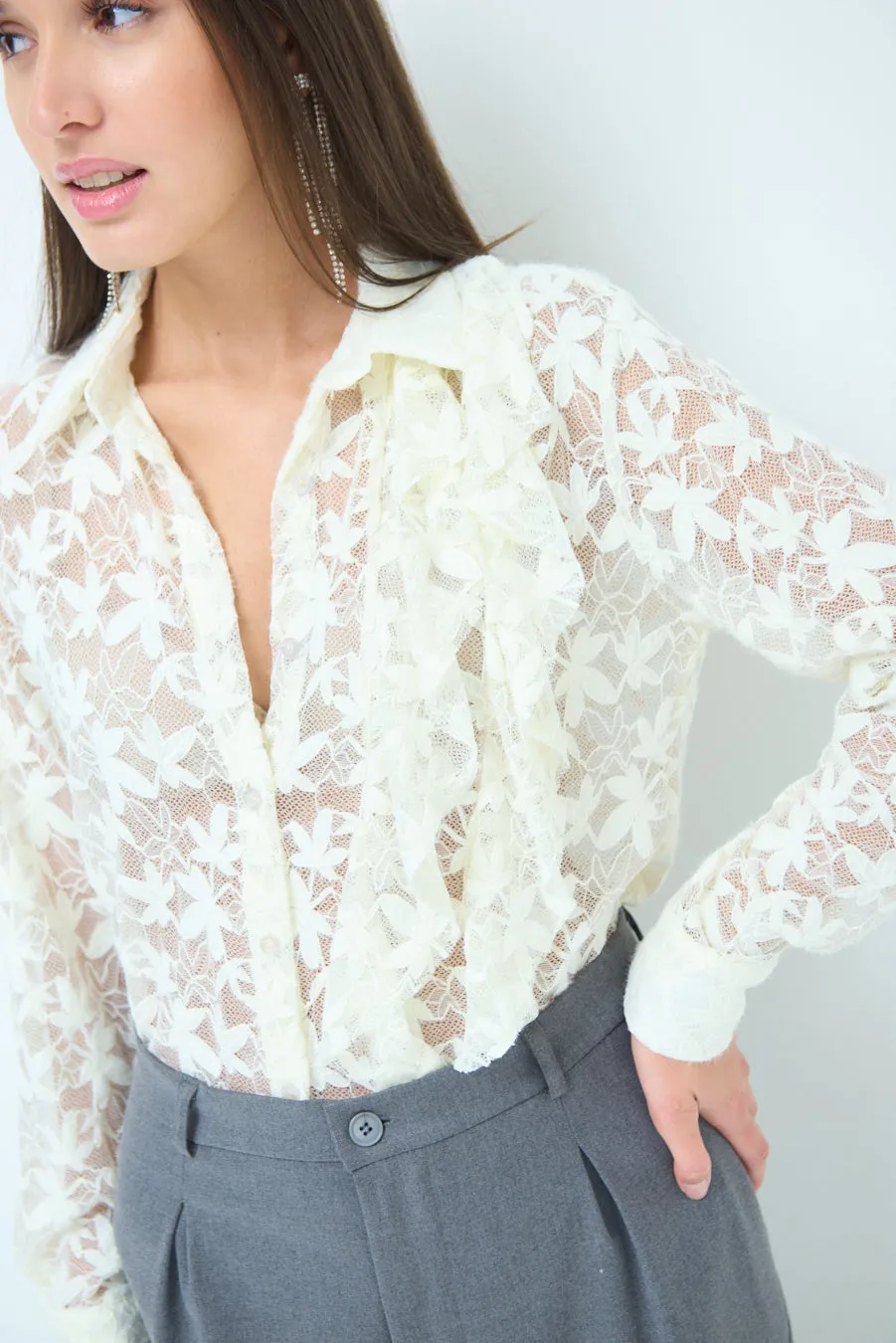 Lace button-up blouse with ruffle detailing wholesale