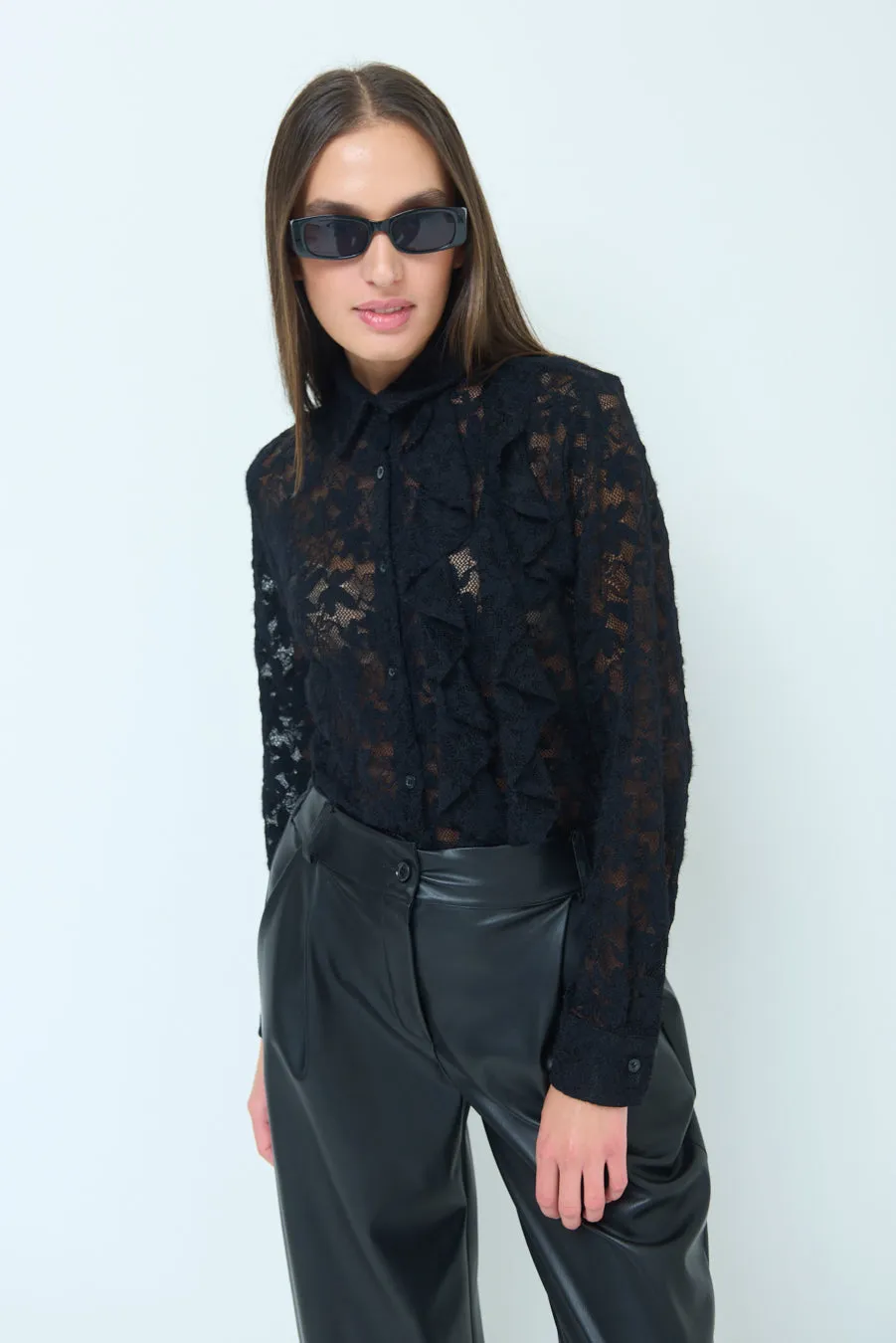 Lace button-up blouse with ruffle detailing wholesale