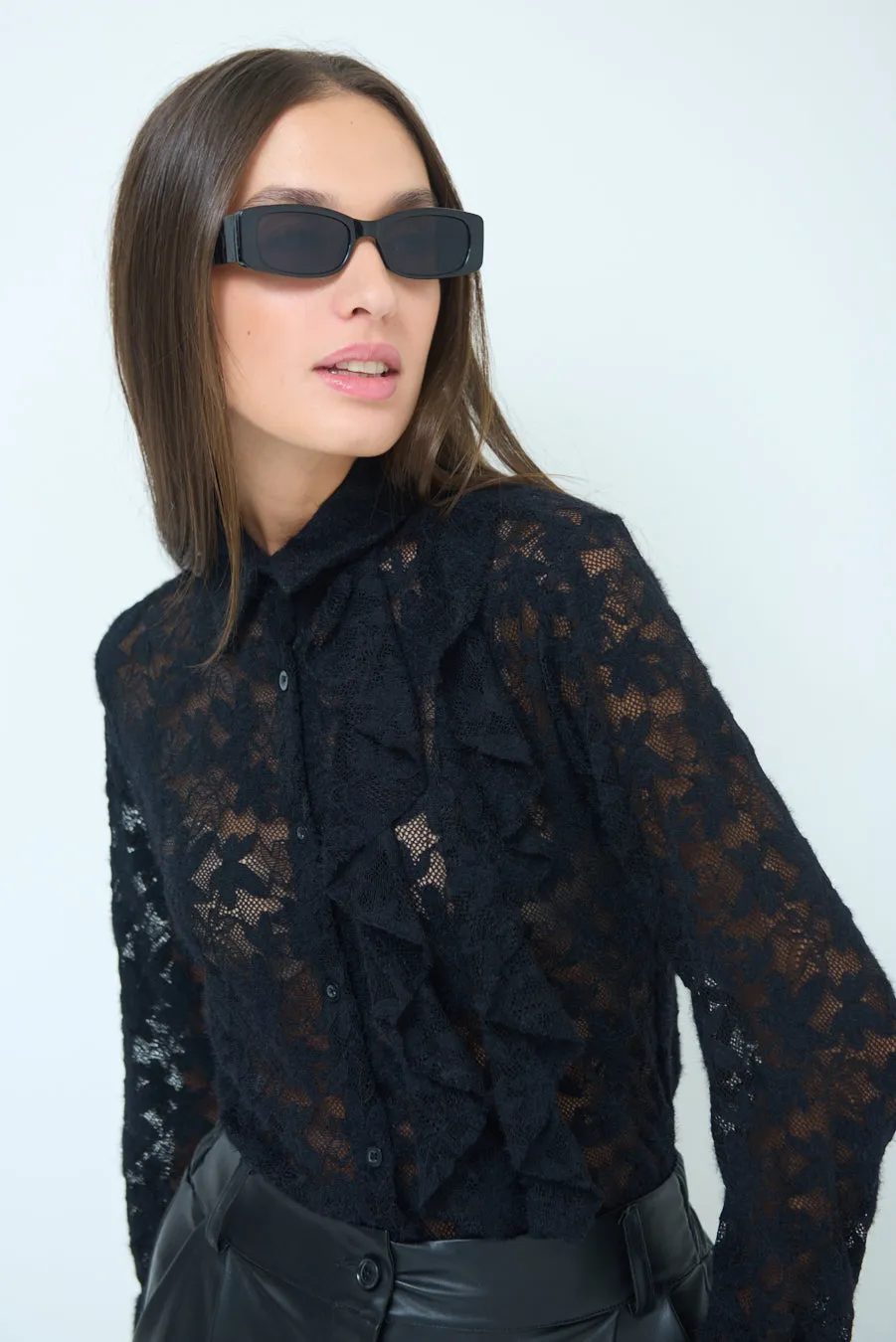 Lace button-up blouse with ruffle detailing wholesale