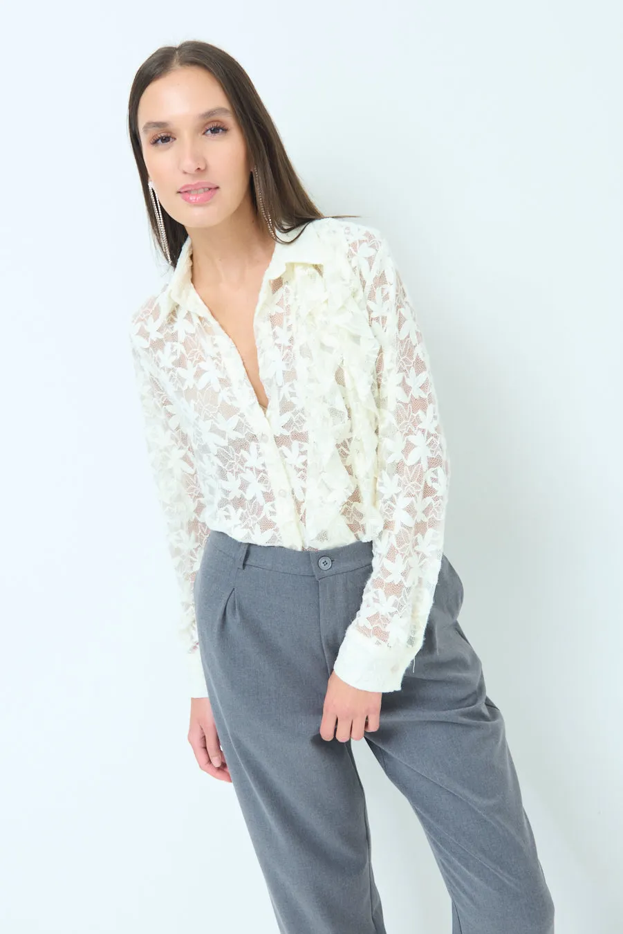 Lace button-up blouse with ruffle detailing wholesale