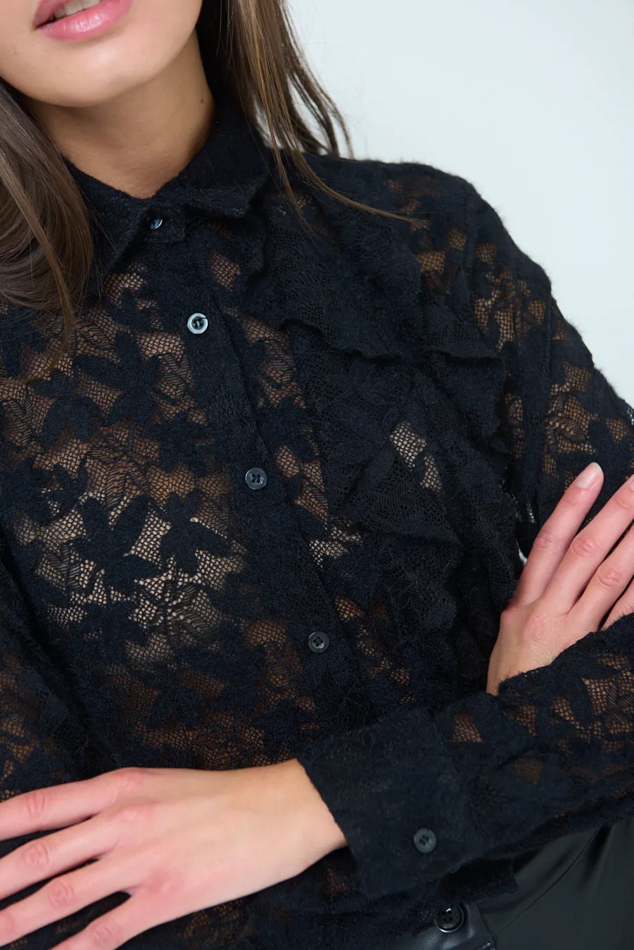 Lace button-up blouse with ruffle detailing wholesale