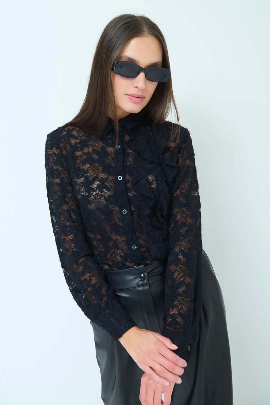 Lace button-up blouse with ruffle detailing wholesale