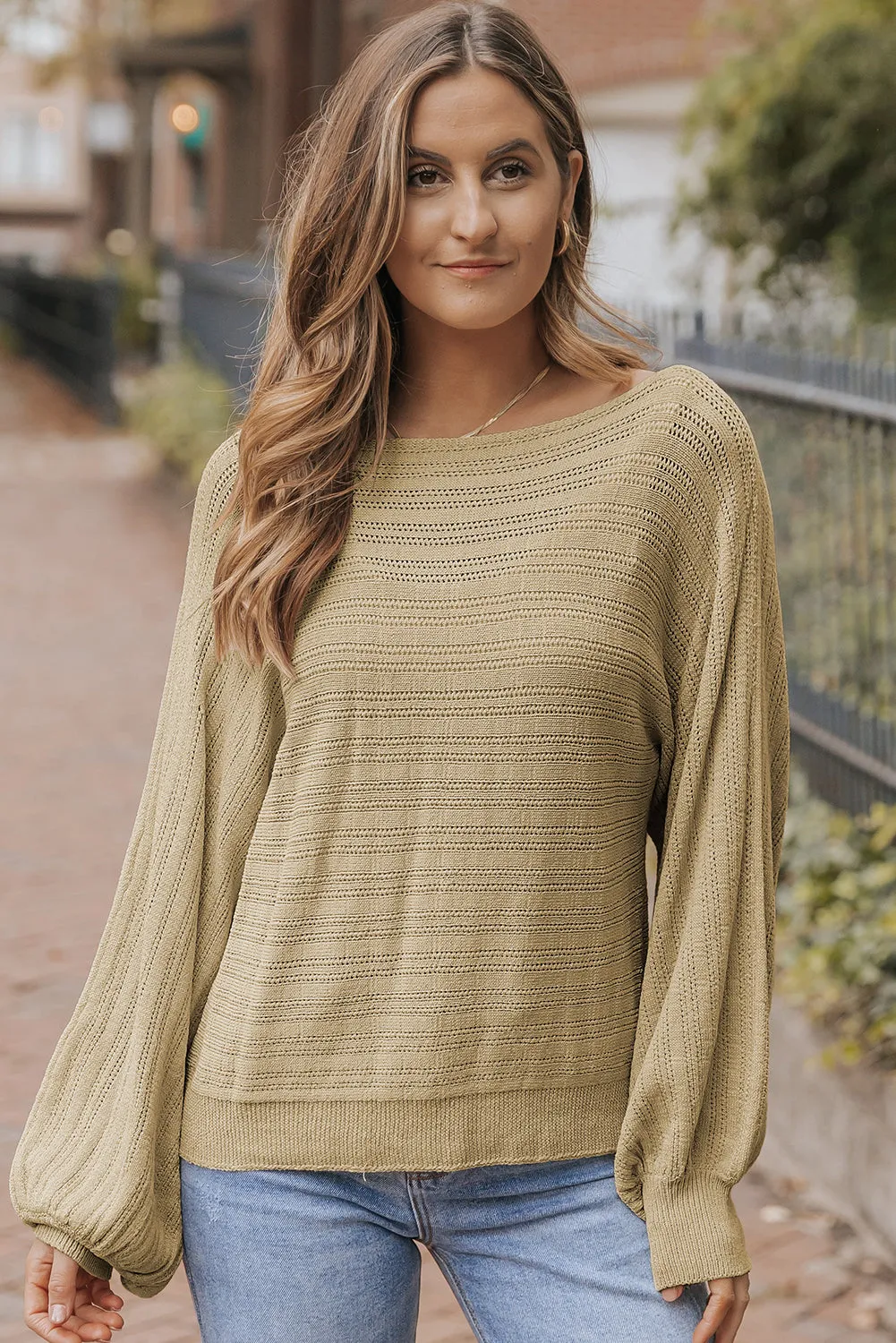 Lantern Sleeve Textured Knit Sweater