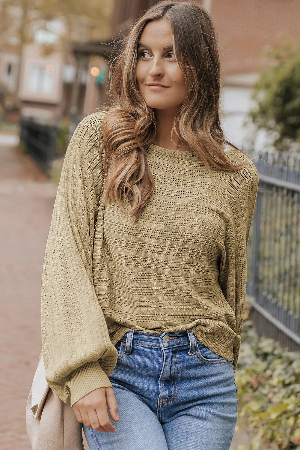 Lantern Sleeve Textured Knit Sweater