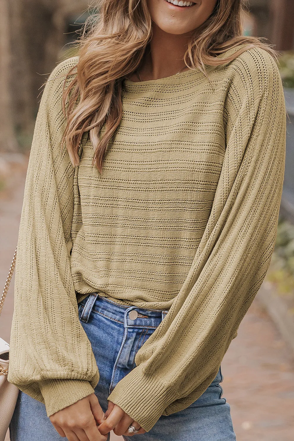 Lantern Sleeve Textured Knit Sweater