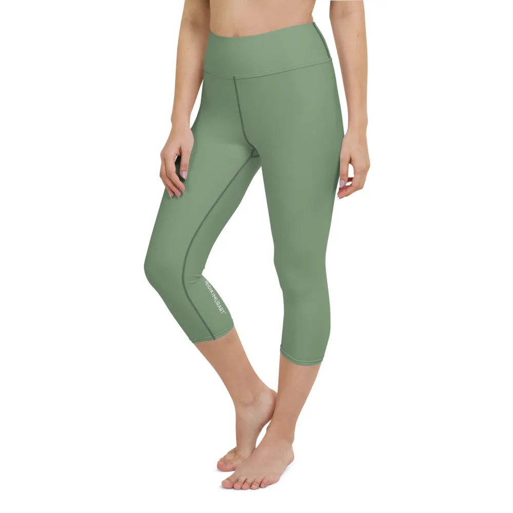 Matcha Green Yoga Capri Leggings, Solid Pastel Green Color Women's Tights-Made in USA/EU/MX