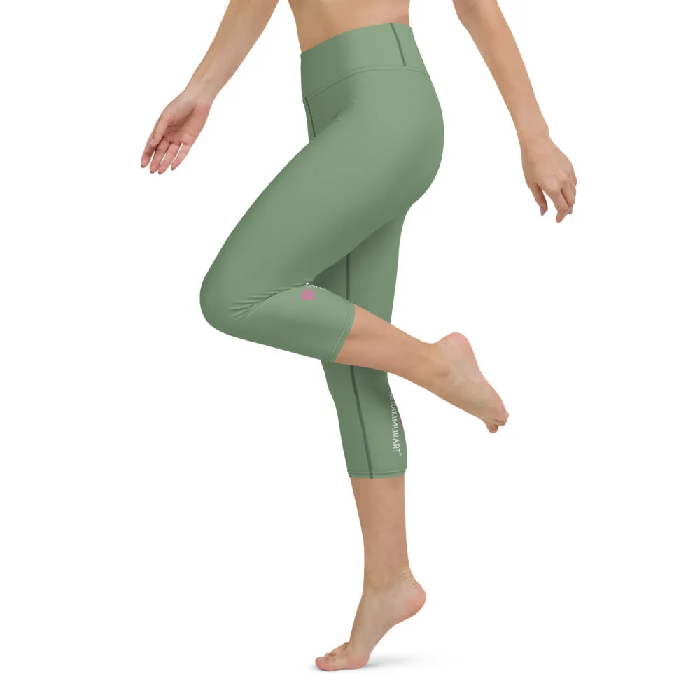 Matcha Green Yoga Capri Leggings, Solid Pastel Green Color Women's Tights-Made in USA/EU/MX