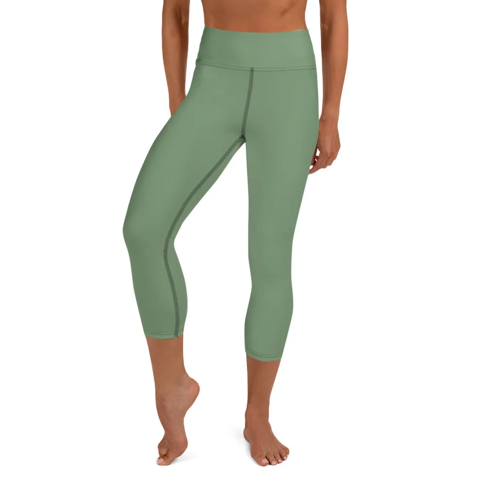 Matcha Green Yoga Capri Leggings, Solid Pastel Green Color Women's Tights-Made in USA/EU/MX