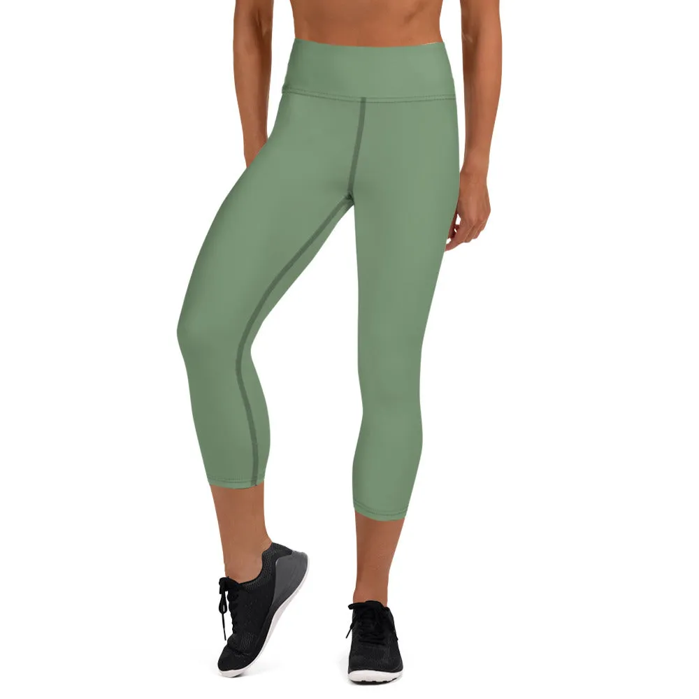 Matcha Green Yoga Capri Leggings, Solid Pastel Green Color Women's Tights-Made in USA/EU/MX