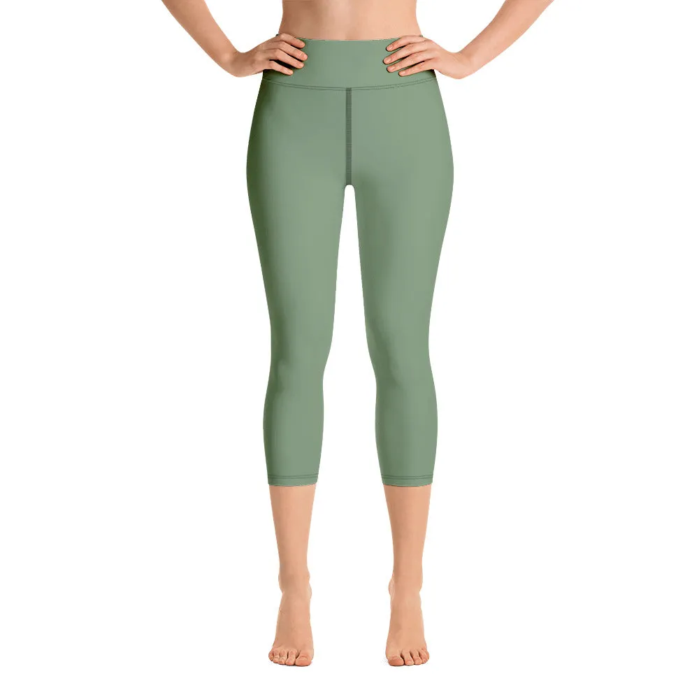 Matcha Green Yoga Capri Leggings, Solid Pastel Green Color Women's Tights-Made in USA/EU/MX