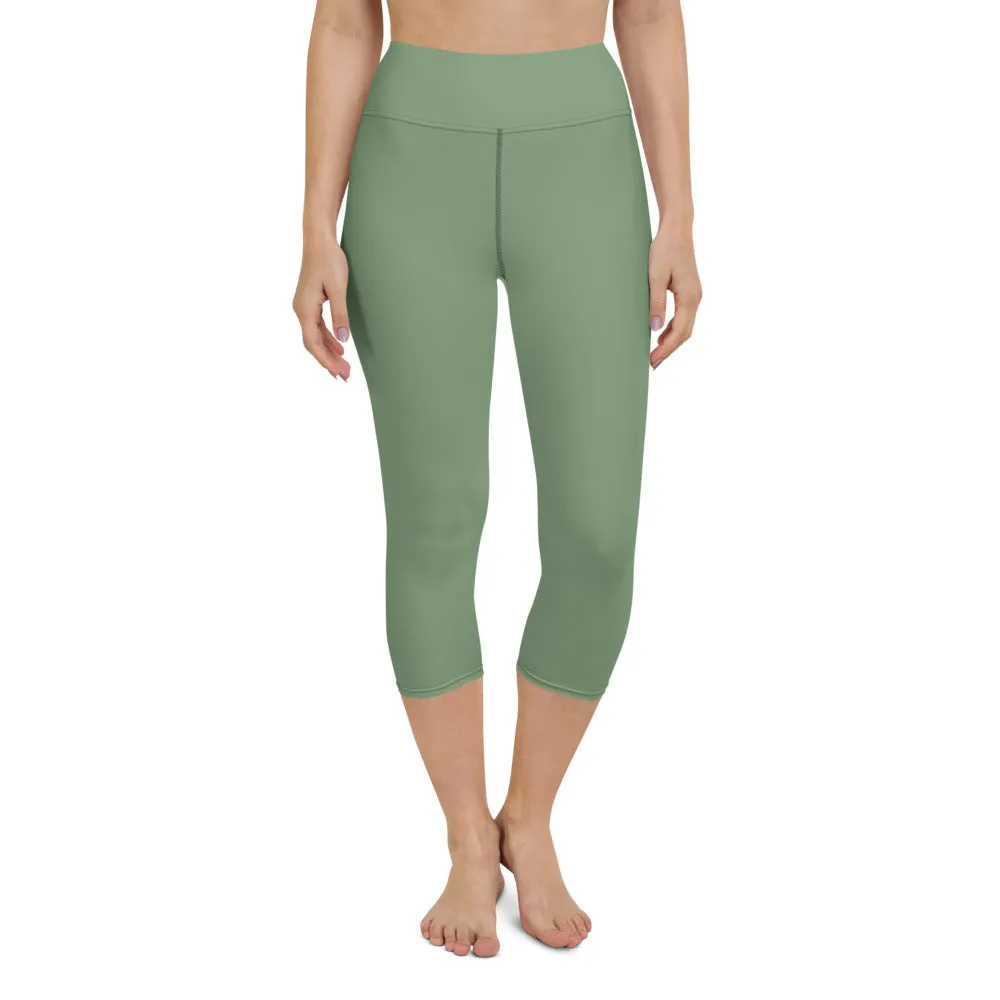 Matcha Green Yoga Capri Leggings, Solid Pastel Green Color Women's Tights-Made in USA/EU/MX