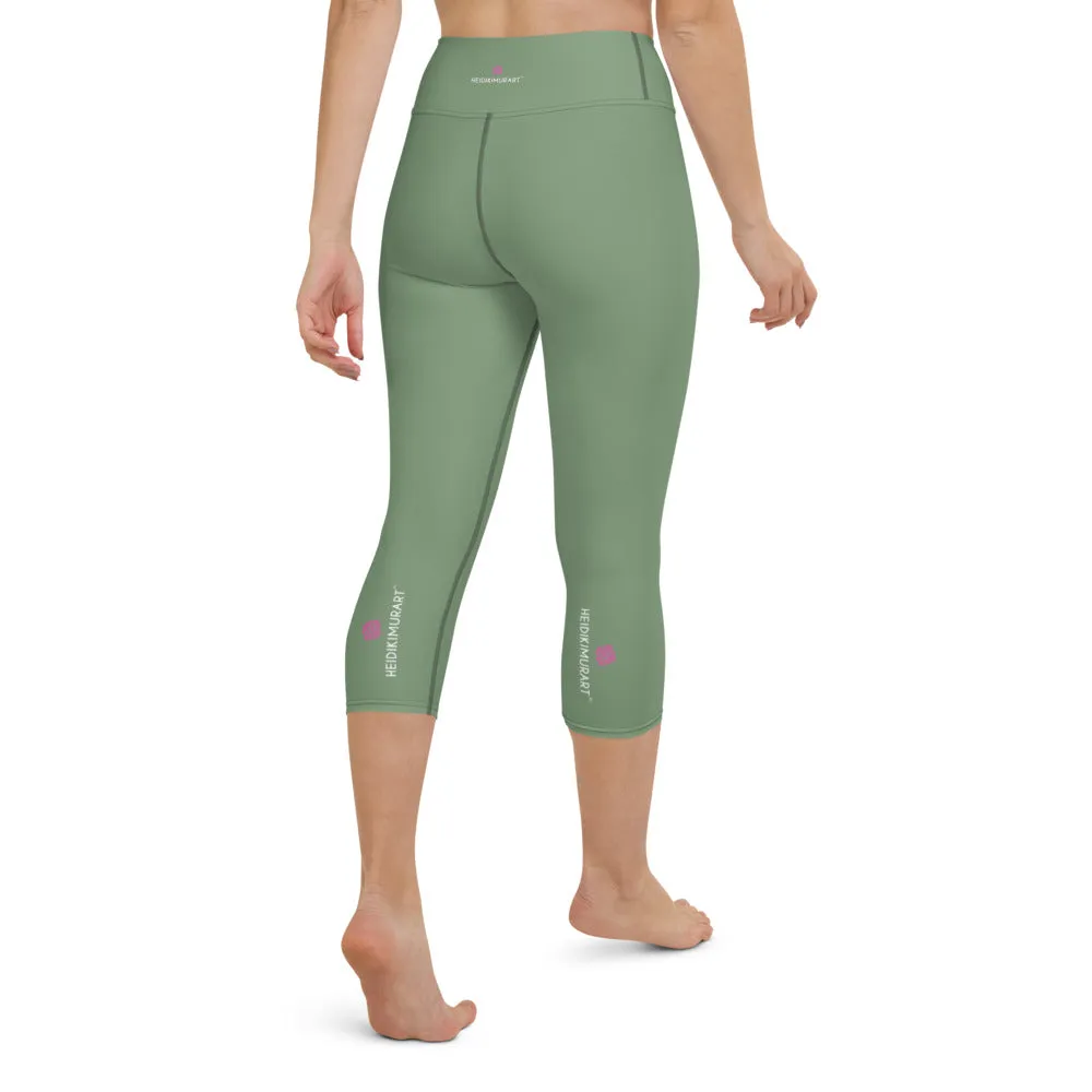 Matcha Green Yoga Capri Leggings, Solid Pastel Green Color Women's Tights-Made in USA/EU/MX