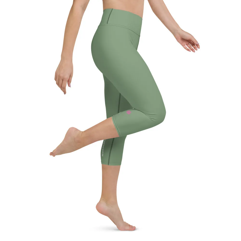 Matcha Green Yoga Capri Leggings, Solid Pastel Green Color Women's Tights-Made in USA/EU/MX