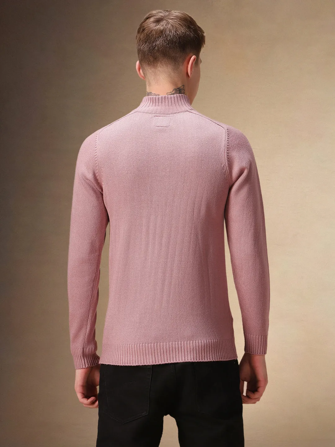 Men's Dusty Pink Cable Knit Mock Neck Full Sleeves Pullover Sweater