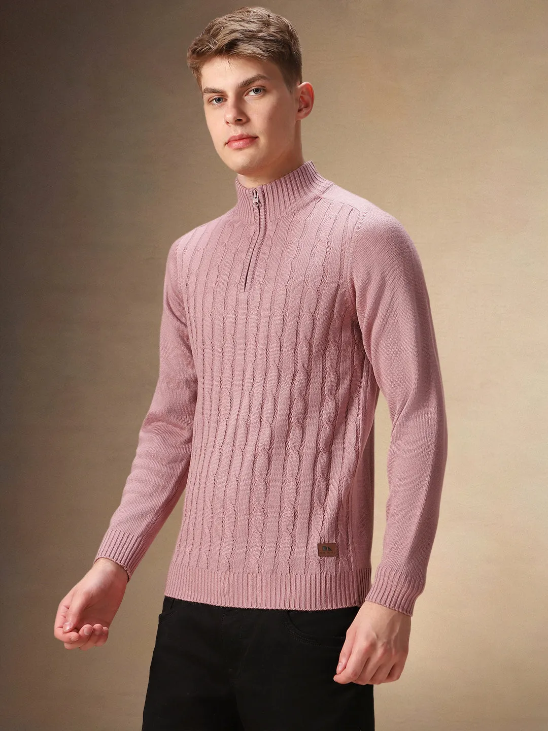 Men's Dusty Pink Cable Knit Mock Neck Full Sleeves Pullover Sweater