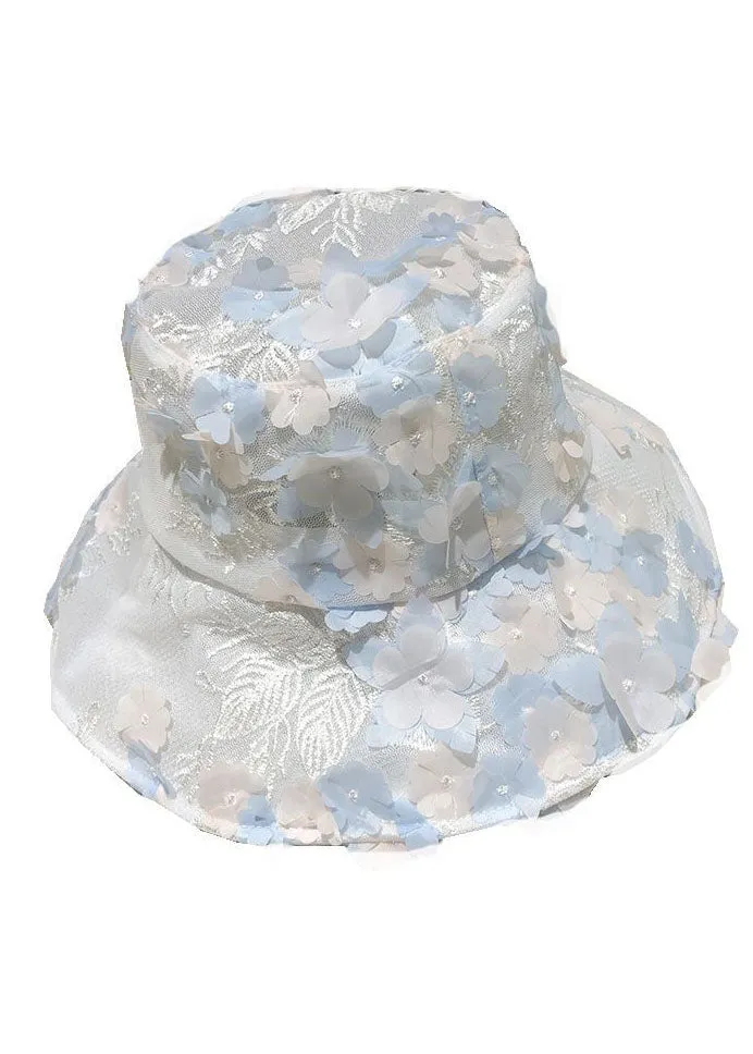 Modern Blue Floral mbroidery Tulle Bucket Hat